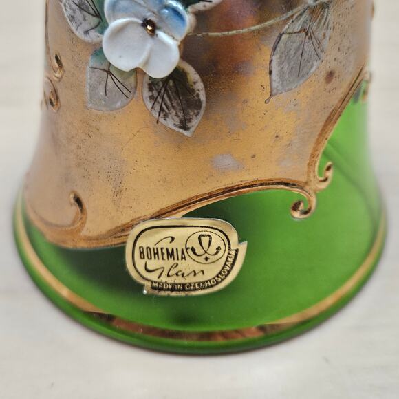 Czechoslovakian Hand Painted Bohemian Glass Bell Green Gold Enameled Flower READ - Picture 3 of 8